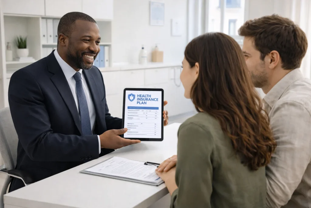 Consultant presenting insurance plan to couple