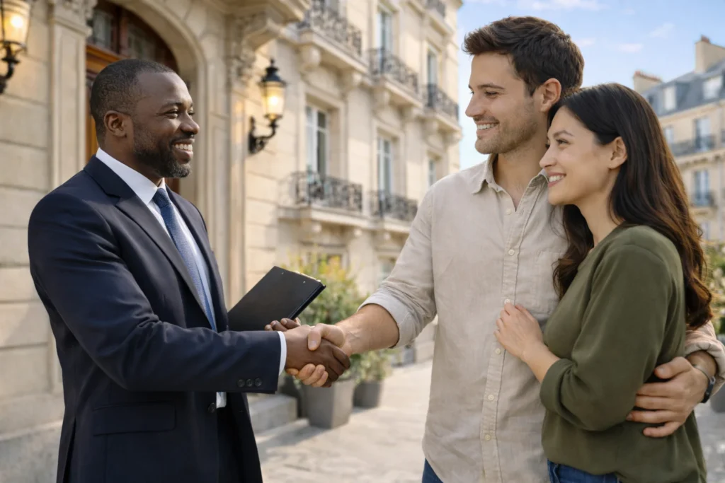 Professional handshake in Parisian setting